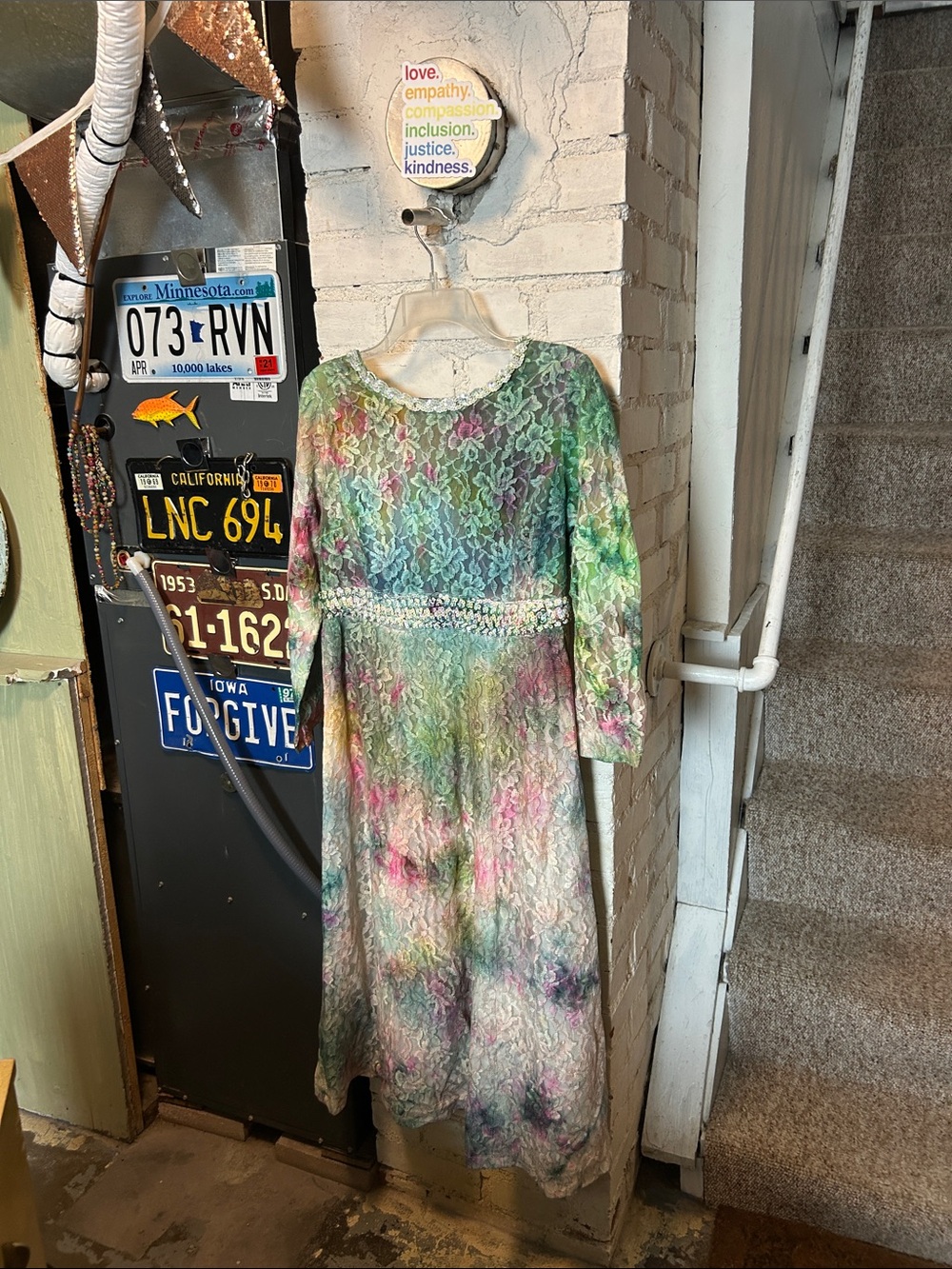 Vintage, Handcrafted, Lace, Tie-Dye Gown with Sequin Trim (? Women Med Reg)